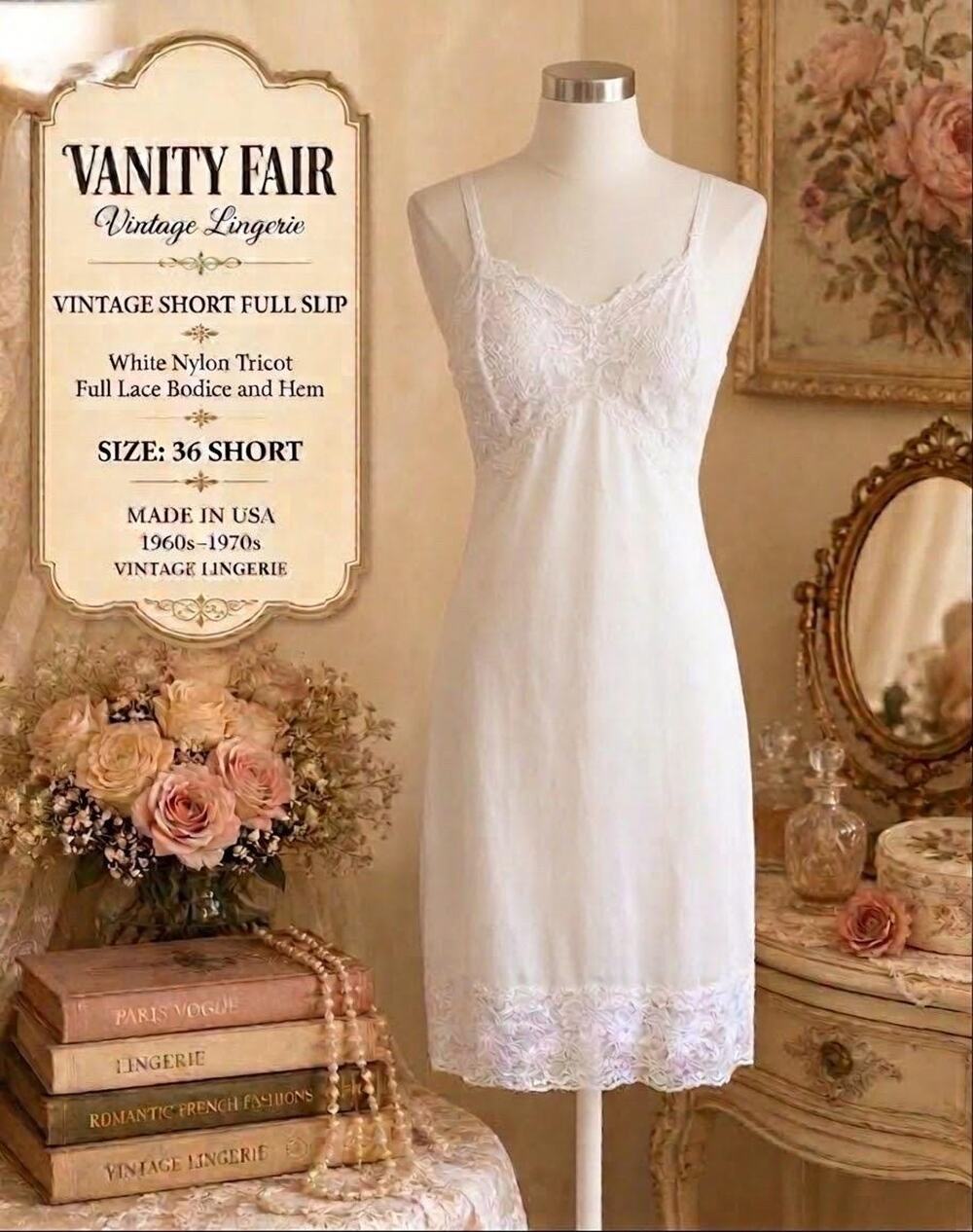 Vintage Vanity Fair Flower Lace Bodice Full Slip 1970s White 36 Short